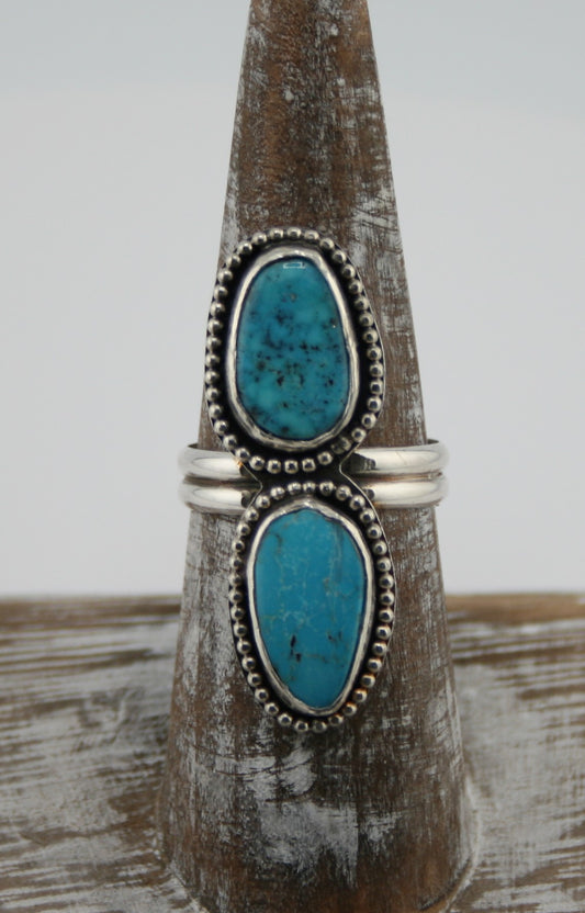 Two Stone Turquoise Ring Sterling Silver – Handmade Boho Statement Jewelry - Size 7.25