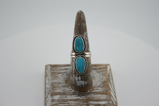Two Stone Turquoise Ring Sterling Silver – Handmade Boho Statement Jewelry - Size 7.25