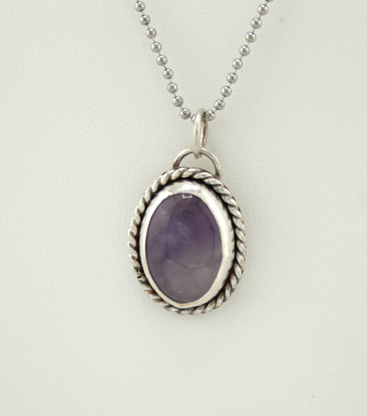 Sterling Silver Amethyst Pendant Necklace – Handmade Artisan Jewelry with Twisted Rope Bezel and Stainless Steel Chain