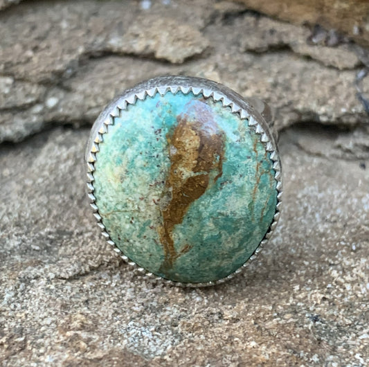 Size 6 Turquoise Ring – Double-Shank Band & Serrated Bezel – Handmade Sterling Silver