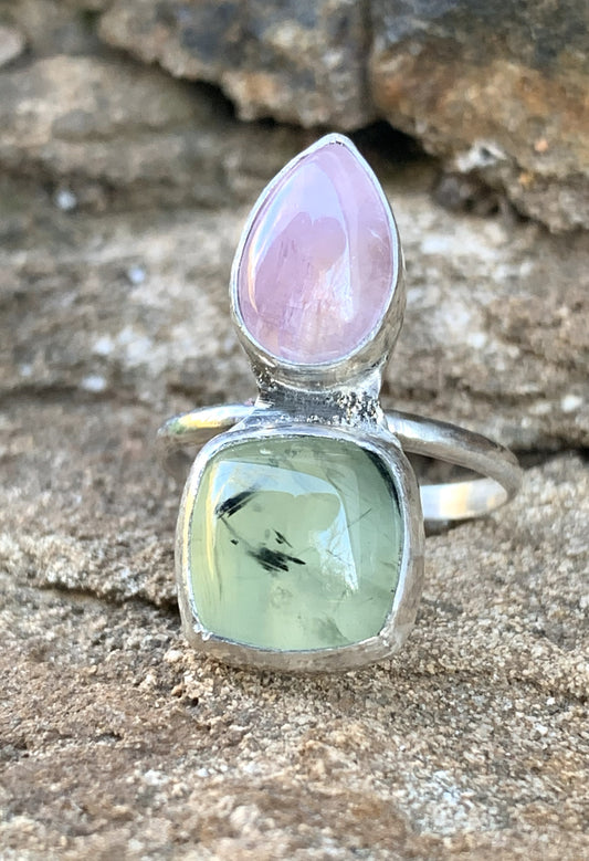 Rose Quartz & Prehnite Ring Sterling Silver | Handmade Gemstone Jewelry