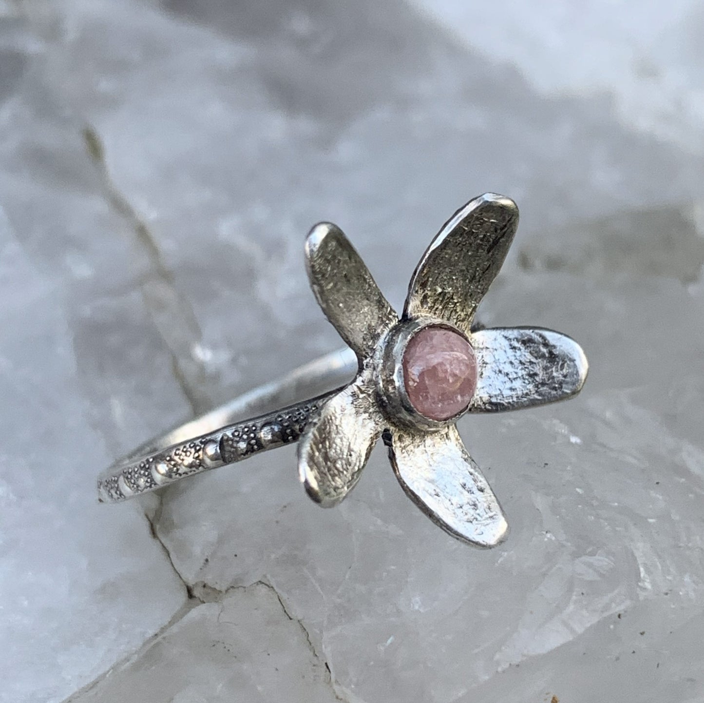 Rhodochrosite Flower Ring Sterling Silver | Handmade Gemstone Jewelry