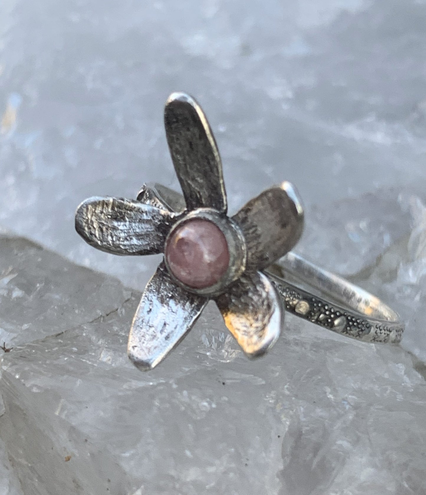 Rhodochrosite Flower Ring Sterling Silver | Handmade Gemstone Jewelry