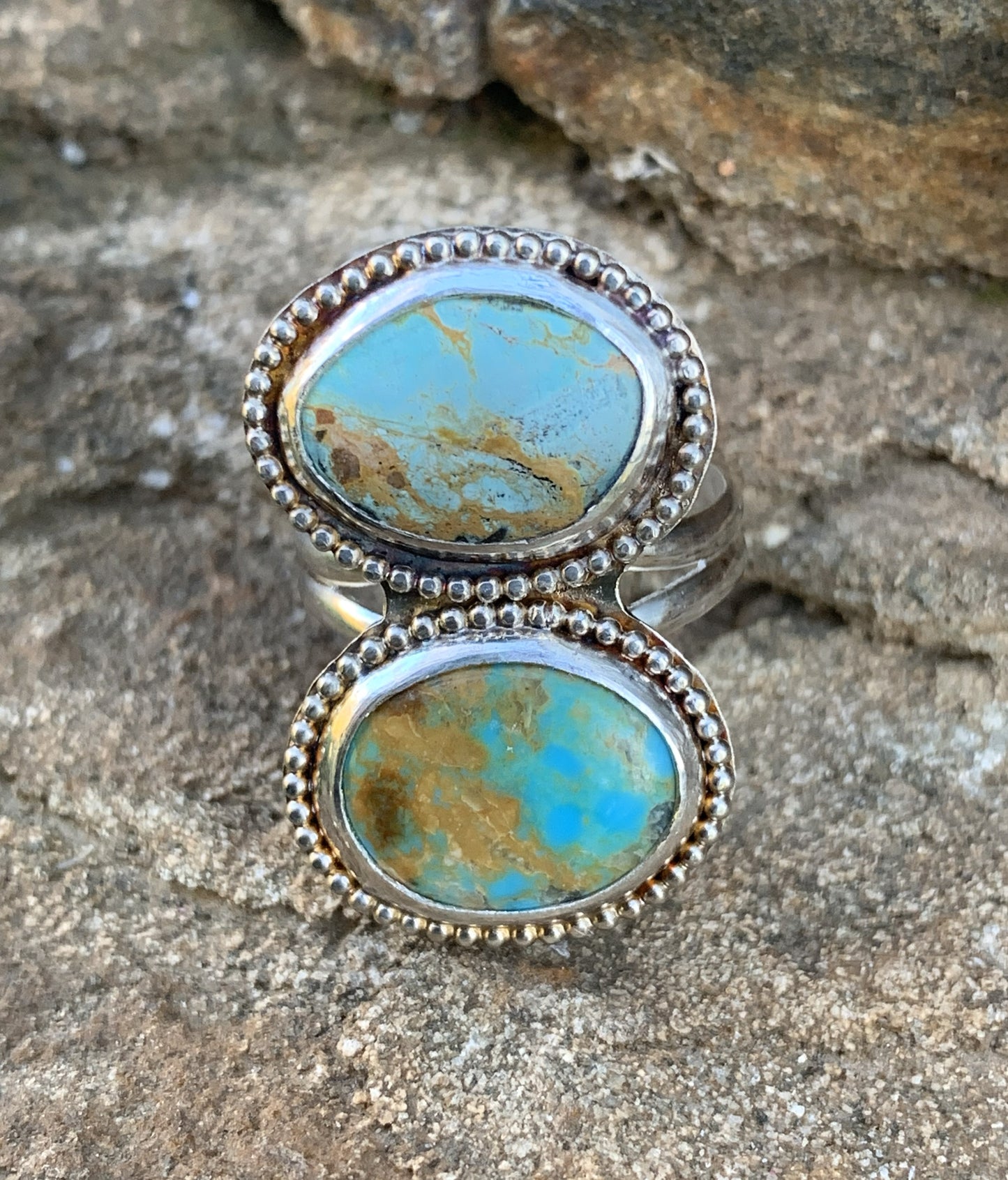 Double Turquoise Ring Sterling Silver | Handmade Boho Jewelry