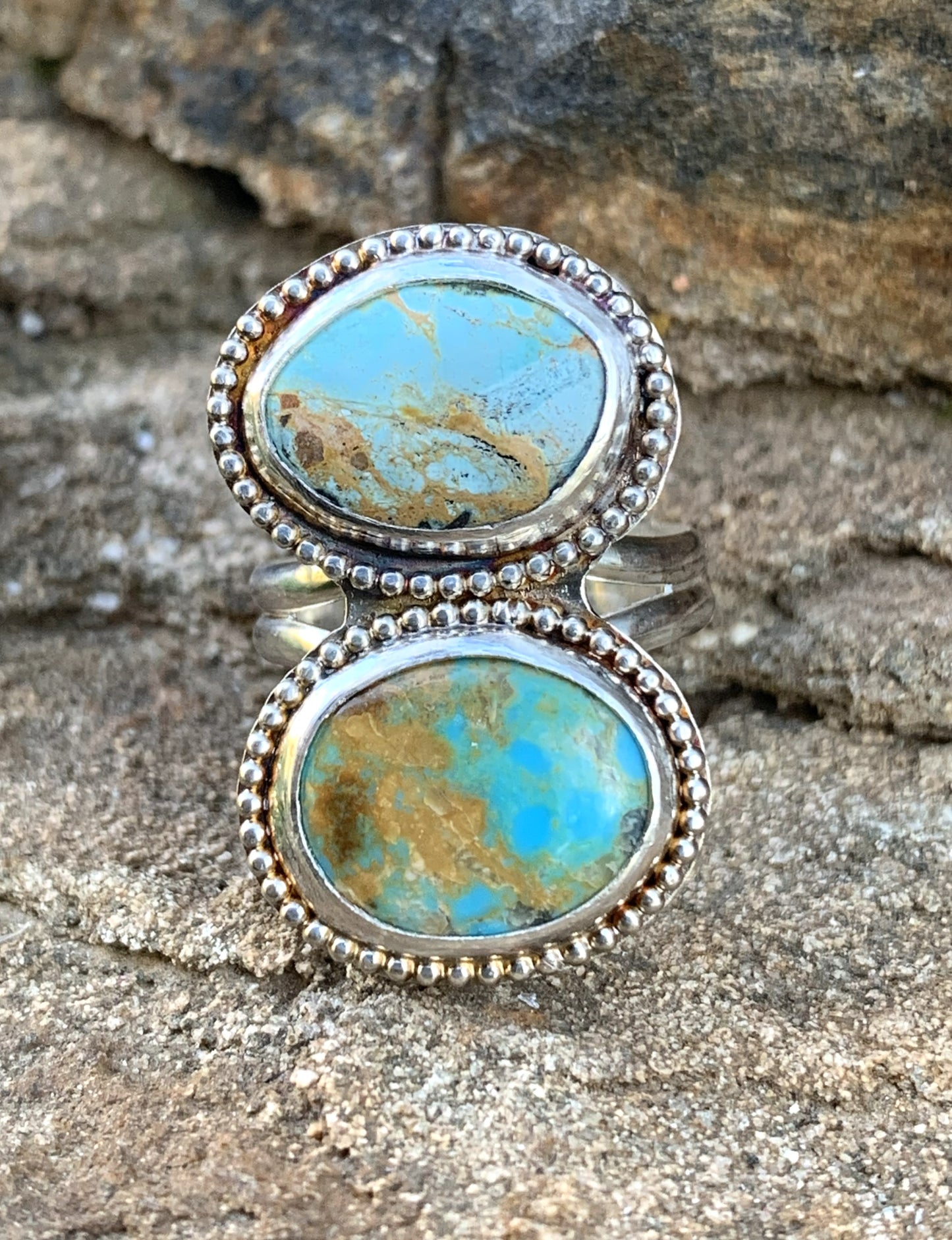 Double Turquoise Ring Sterling Silver | Handmade Boho Jewelry