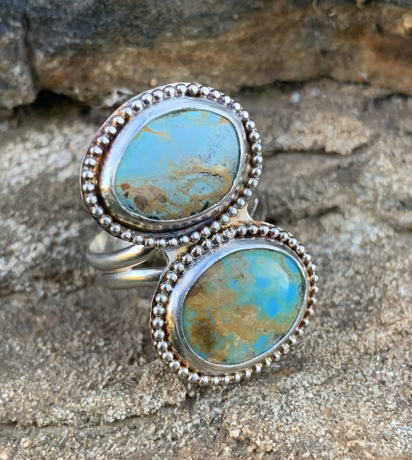 Double Turquoise Ring Sterling Silver | Handmade Boho Jewelry