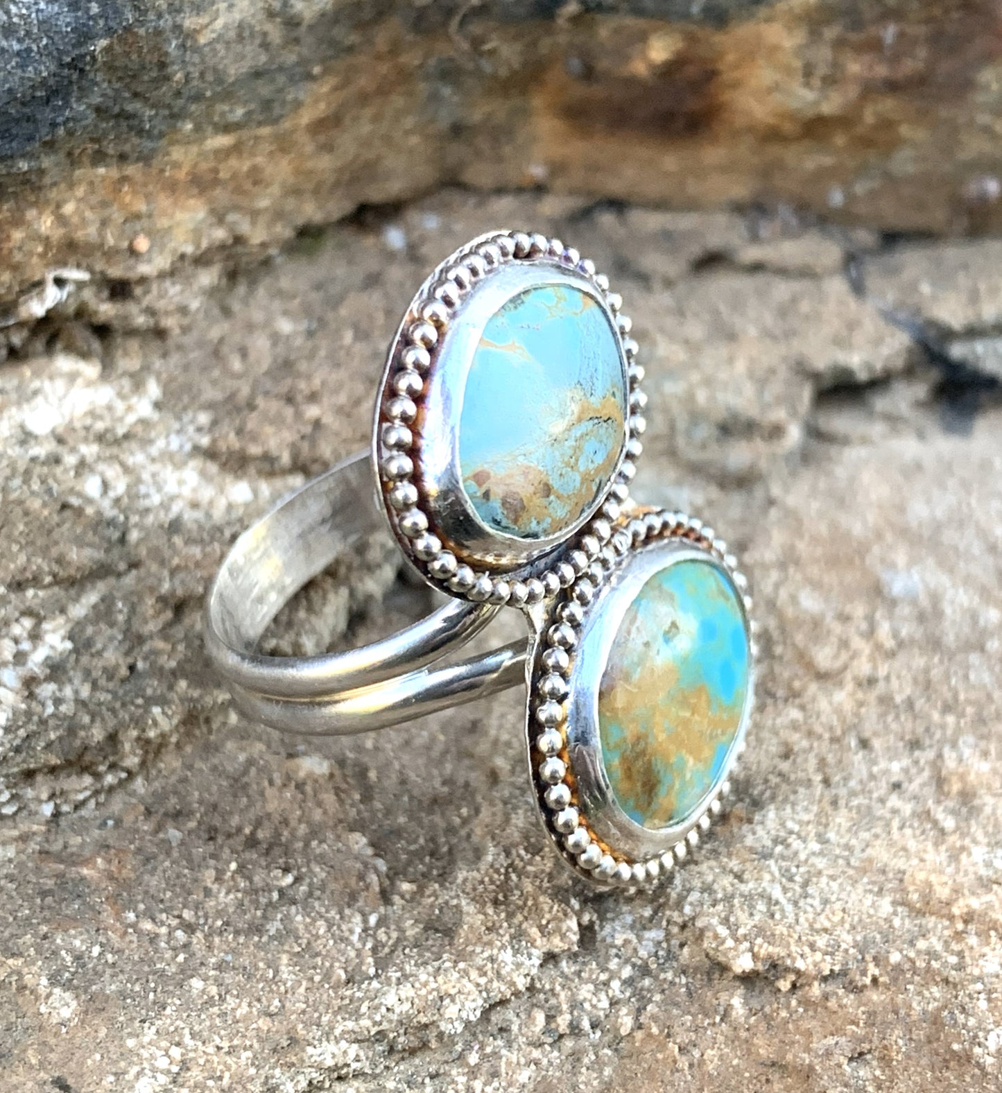 Double Turquoise Ring Sterling Silver | Handmade Boho Jewelry