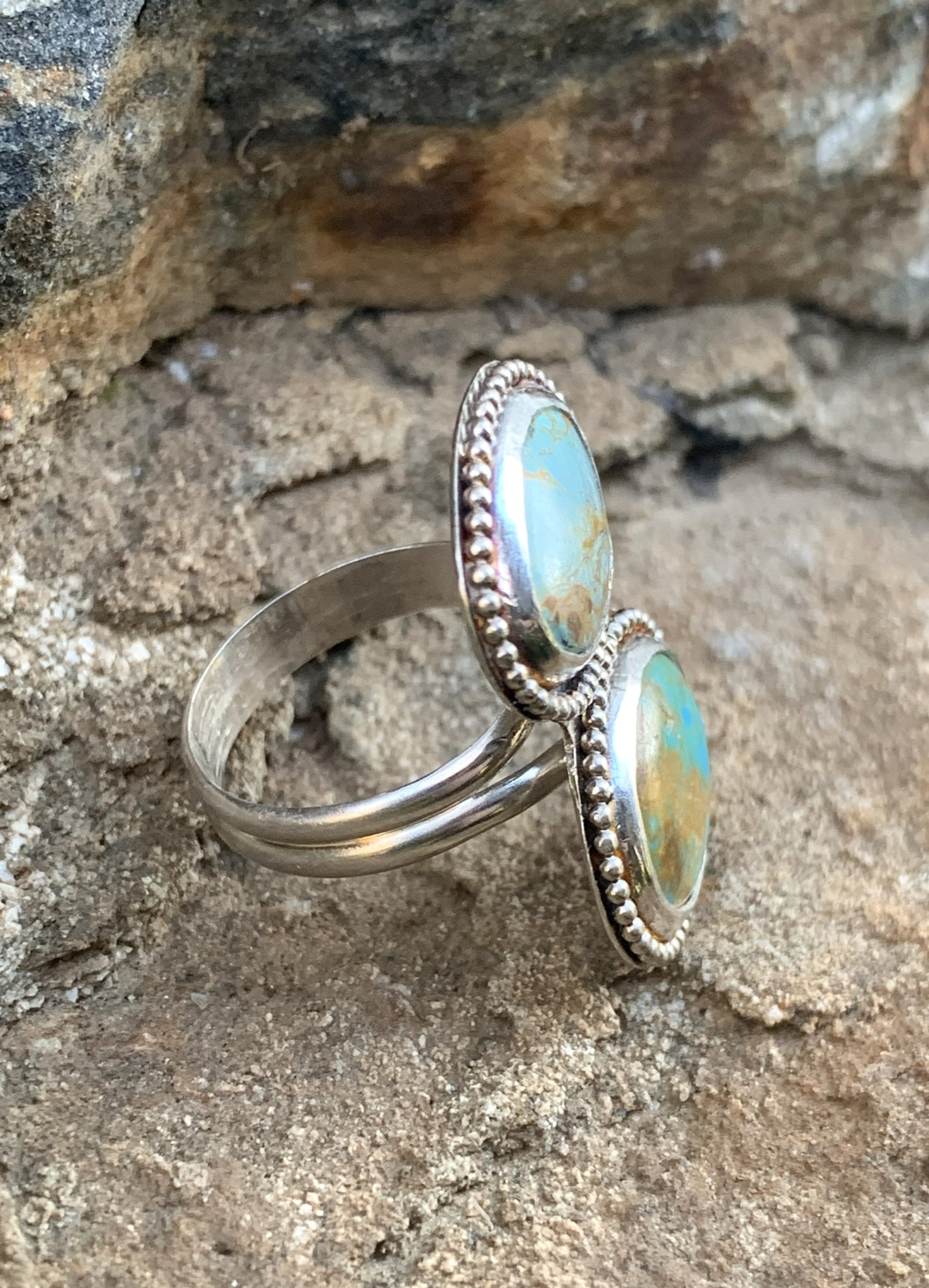 Double Turquoise Ring Sterling Silver | Handmade Boho Jewelry