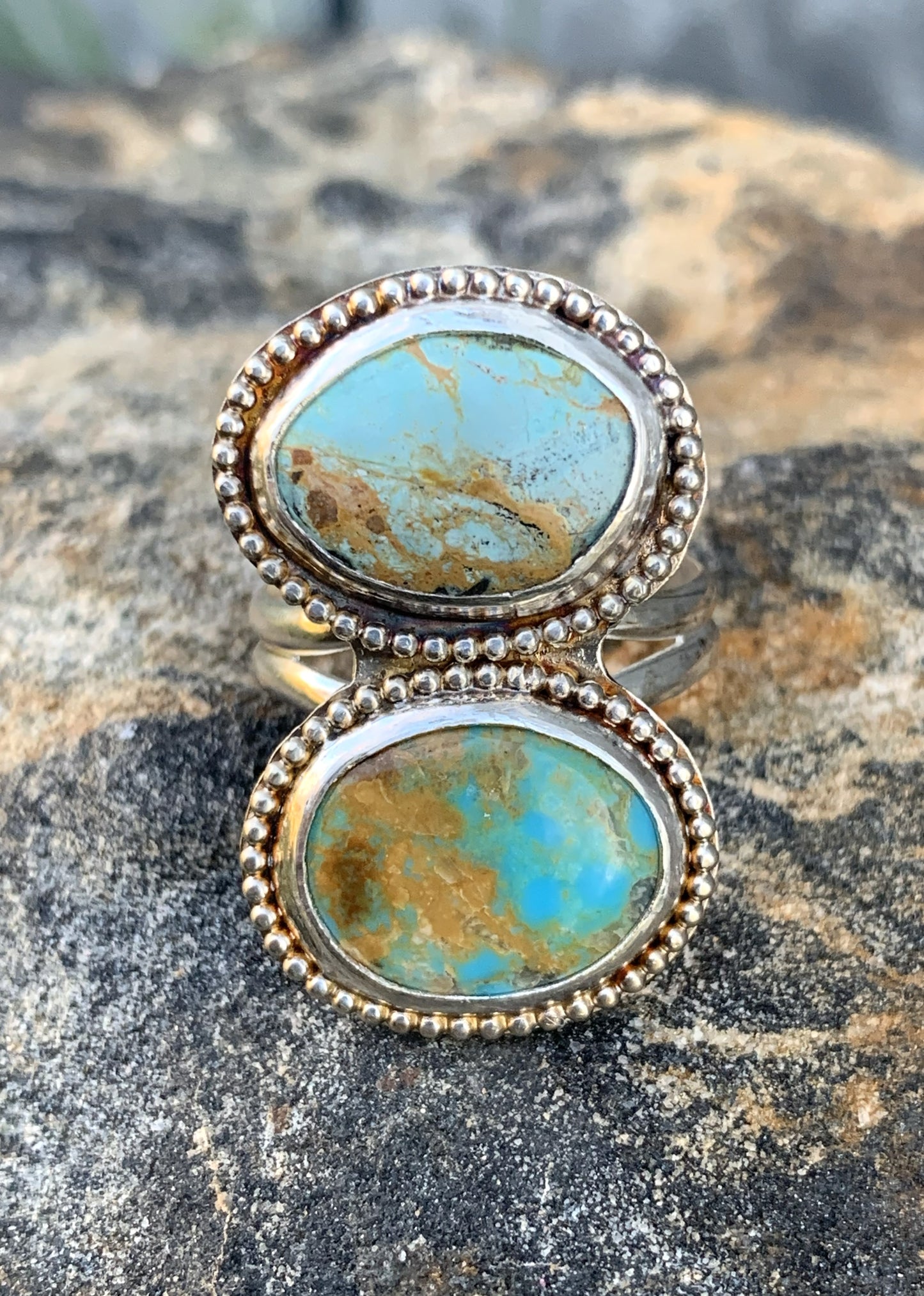 Double Turquoise Ring Sterling Silver | Handmade Boho Jewelry