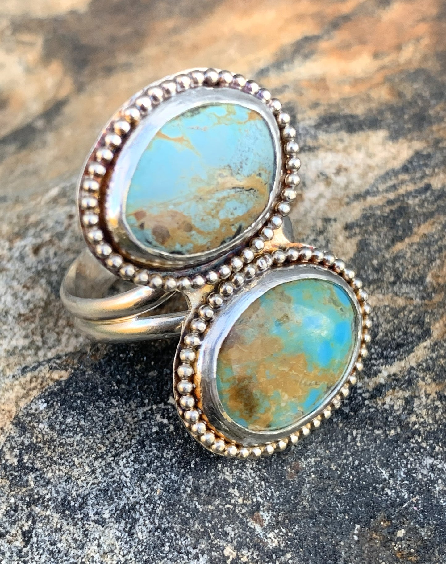 Double Turquoise Ring Sterling Silver | Handmade Boho Jewelry