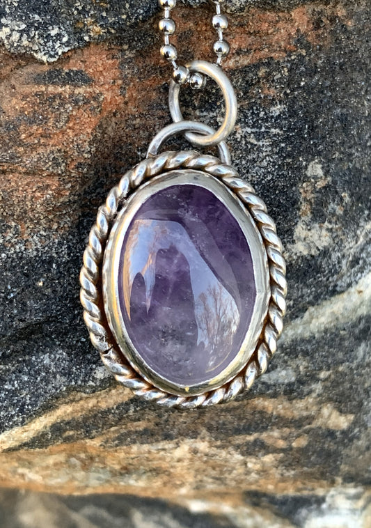 Sterling Silver Amethyst Pendant Necklace – Handmade Artisan Jewelry with Twisted Rope Bezel and Stainless Steel Chain