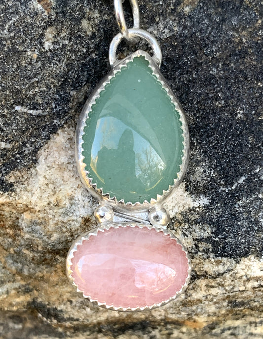 Green Aventurine & Pink Kunzite Pendant | Handmade Sterling Silver Necklace