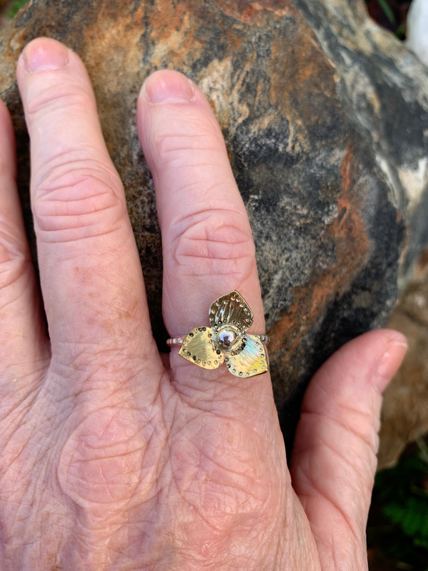 Brass & Sterling Silver Floral Ring – Mixed Metal Flower Ring